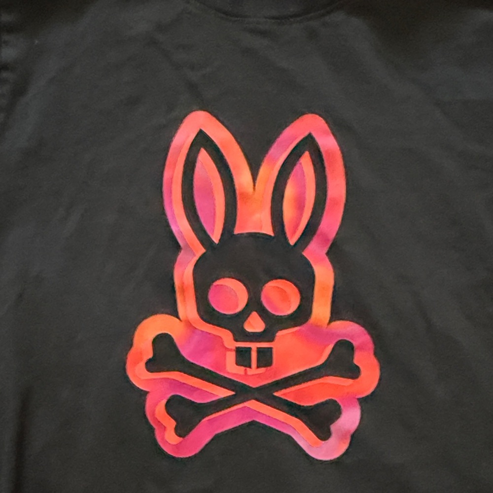Psycho Bunny Black Tee with Neon Pink-Orange Bunny Skull